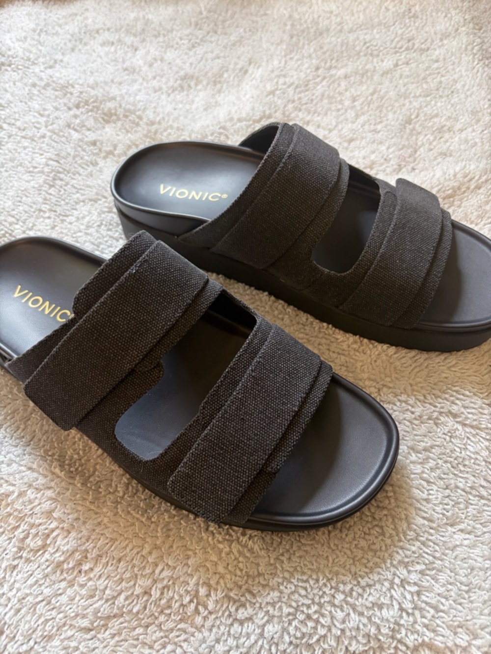 Vionic riviera Black canvas Dual-Strap Slide Sandals
